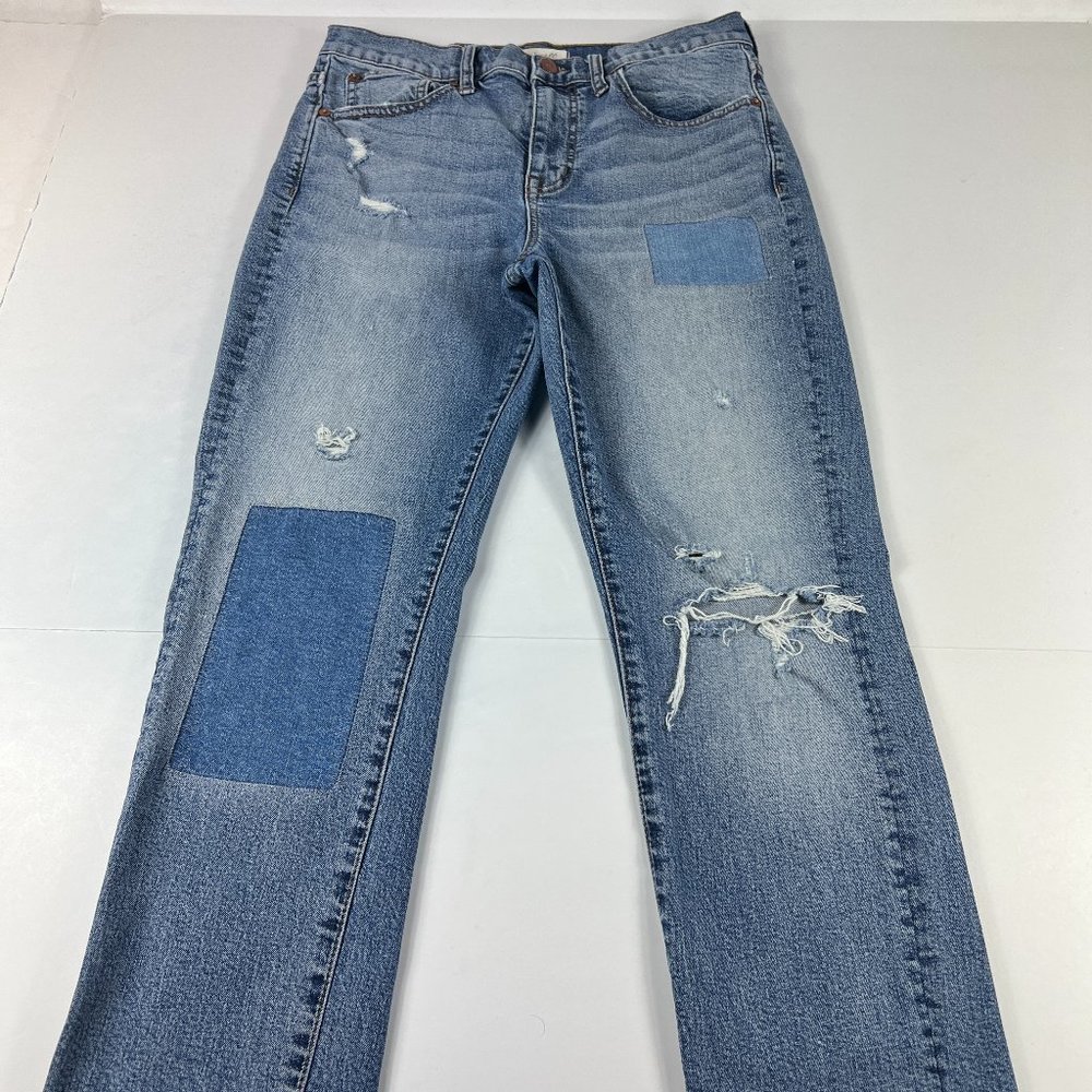Madewell Jeans Women 27 Cruiser Straight Blue Distressed Patchwork Stretch Denim